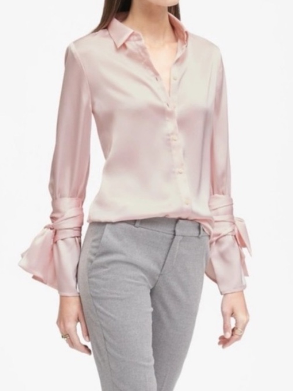 Banana republic pale pink satin Dillon tie sleeve top blouse shirt size S